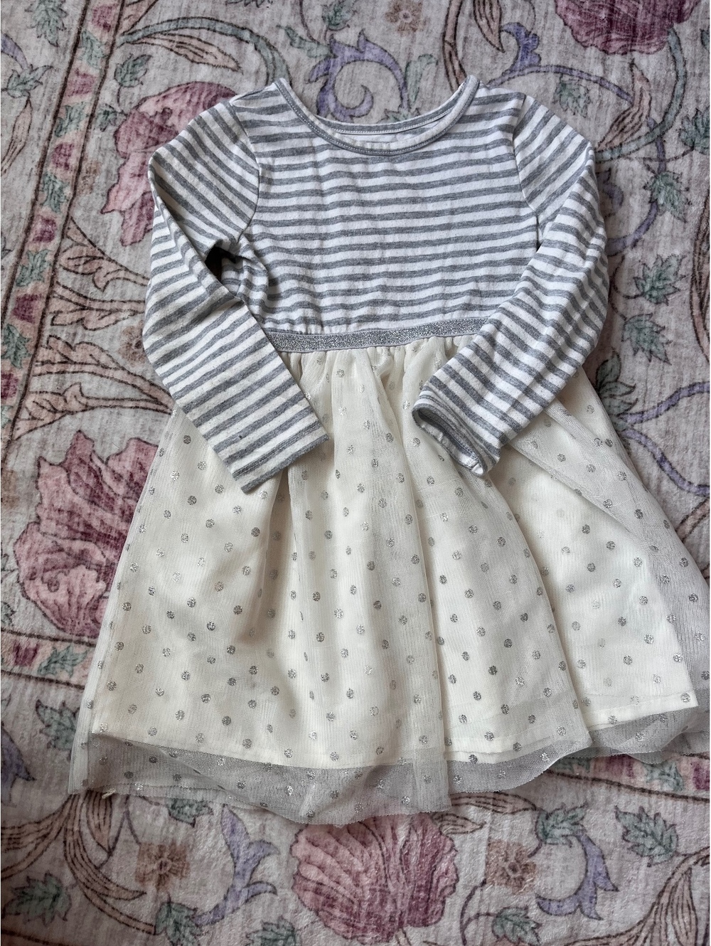 Cat & Jack Toddler Girls 3T Gray Striped Long Sleeve Dress with Polka Dot Tulle